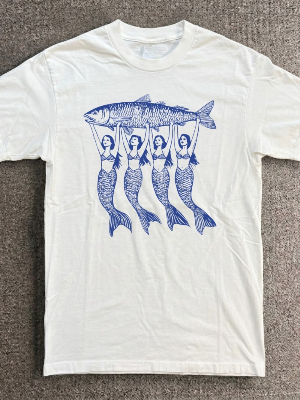 Gildan White Tee with Blue Mermaid-Fish Graphic
